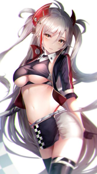 Anime picture 1080x1920 with azur lane prinz eugen (azur lane) prinz eugen (final lap) (azur lane) yk (pixiv43531291) single long hair tall image looking at viewer fringe breasts light erotic simple background hair between eyes large breasts standing white background yellow eyes payot silver hair head tilt