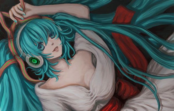 Anime picture 1600x1024 with vocaloid hatsune miku single long hair looking at viewer breasts open mouth light erotic smile nail polish traditional clothes aqua eyes lips aqua hair alternate costume girl ribbon (ribbons) headphones