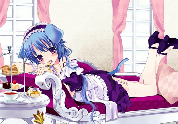 Anime picture 1000x703 with 7th dragon princess (7th dragon) takachina long hair blush red eyes animal ears blue hair cat ears maid cat girl cat tail girl thighhighs white thighhighs headdress window maid headdress couch
