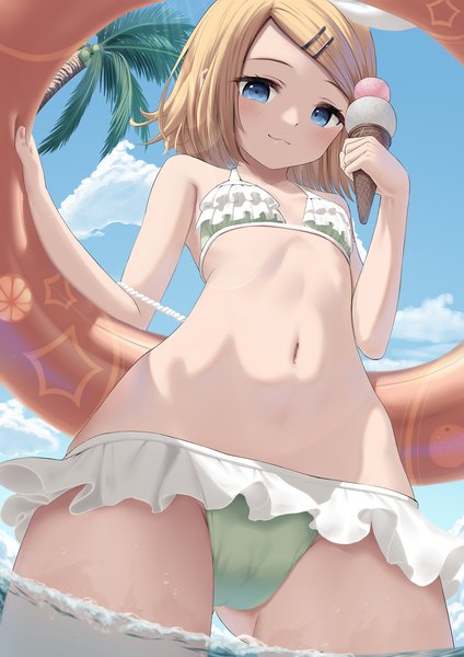 Anime picture 1527x2160 with vocaloid kagamine rin raimeso single tall image looking at viewer fringe short hair blue eyes light erotic blonde hair standing holding sky cloud (clouds) outdoors from below partially submerged flat chest ass visible through thighs
