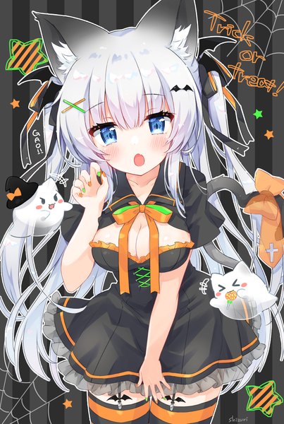 Anime picture 1862x2774 with original yukine single tall image looking at viewer highres breasts open mouth blue eyes light erotic large breasts signed animal ears white hair tail nail polish animal tail cat ears cat girl cat tail