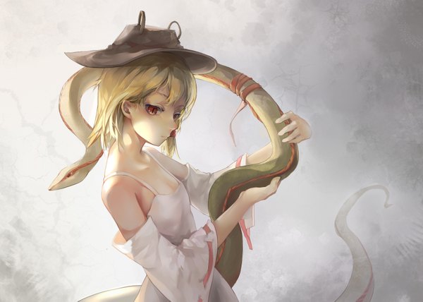 Anime picture 1653x1181 with touhou moriya suwako huanxiang heitu single looking at viewer short hair blonde hair red eyes bare shoulders girl dress hat detached sleeves animal sundress snake