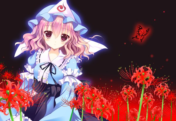 Anime picture 1600x1108 with touhou saigyouji yuyuko shirogane hina single looking at viewer blush short hair pink hair pink eyes girl dress flower (flowers) frills insect butterfly bonnet