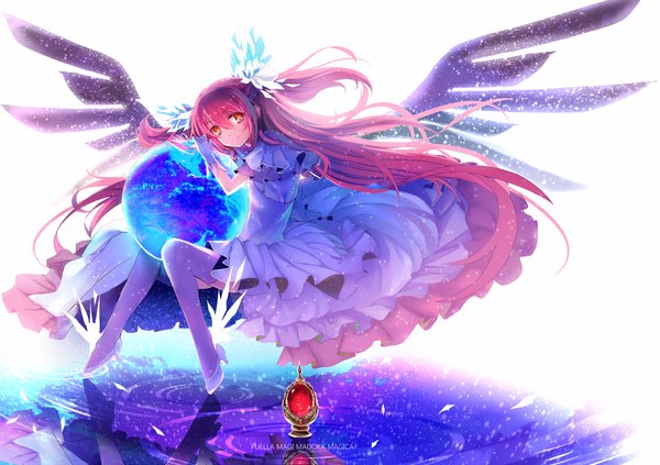 Anime picture 2000x1413 with mahou shoujo madoka magica shaft (studio) kaname madoka goddess madoka karlwolf single looking at viewer highres simple background smile white background brown eyes pink hair very long hair high heels two side up hug backlighting weightlessness girl