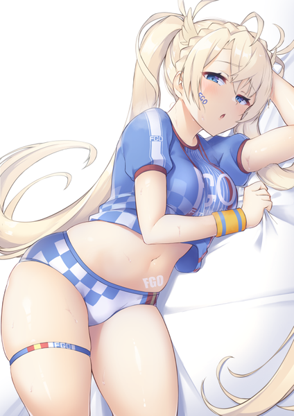 Anime picture 672x950 with fate (series) fate/grand order bradamante (fate/grand order) bradamante (festival outfit) (fate) pinta (ayashii bochi) single long hair tall image looking at viewer blush fringe blue eyes light erotic simple background blonde hair hair between eyes white background twintails lying braid (braids)