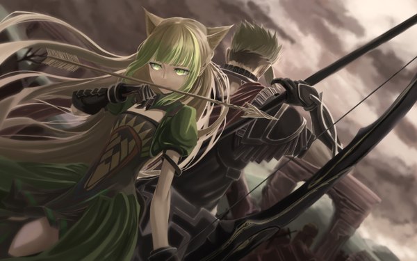 Anime picture 2688x1680 with fate (series) fate/grand order fate/apocrypha atalanta (fate) achilles (fate) mukade (siieregannsu) looking at viewer highres short hair blonde hair holding green eyes animal ears payot cloud (clouds) very long hair multicolored hair green hair wind cat ears