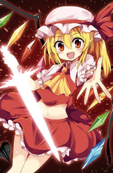 Anime picture 1381x2113 with touhou flandre scarlet matsuri uta single tall image looking at viewer blush short hair open mouth blonde hair red eyes teeth bare belly fang (fangs) one side up outstretched arm girl skirt navel weapon
