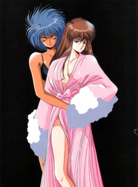 Anime picture 1600x2170 with dangaioh mia alice pai thunder hirano toshihiro long hair tall image short hair blue eyes light erotic simple background brown hair multiple girls blue hair eyes closed scan no bra official art hug dark skin black background