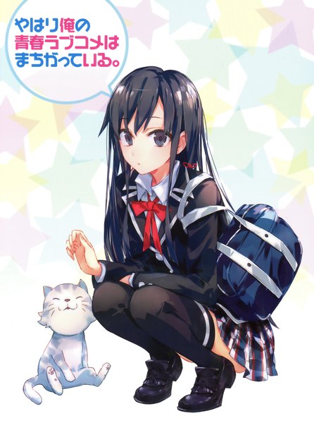 Anime picture 3303x4446 with yahari ore no seishun love comedy wa machigatteiru. brains base (studio) yukinoshita yukino ponkan eight single long hair tall image looking at viewer highres open mouth absurdres black eyes official art plaid skirt plaid girl thighhighs uniform hair ornament ribbon (ribbons)