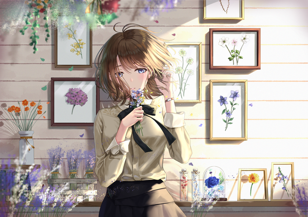 Anime picture 2047x1447 with original tooku0 single looking at viewer blush fringe highres short hair blue eyes smile brown hair standing holding indoors long sleeves parted lips sunlight girl skirt flower (flowers)