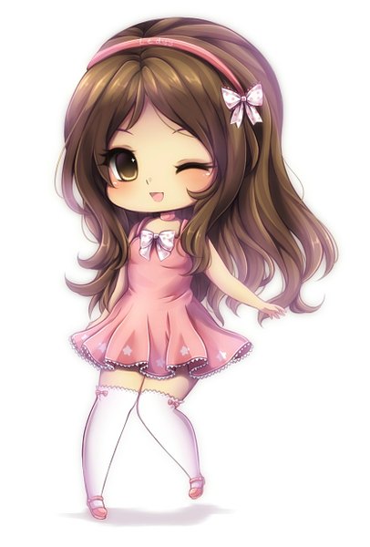 Anime picture 835x1233 with midna01 single long hair tall image looking at viewer blush fringe open mouth simple background smile brown hair white background brown eyes one eye closed wink girl thighhighs dress white thighhighs