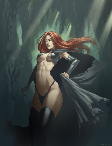 Anime picture 977x1280 with speeh single long hair tall image blue eyes light erotic brown hair bare belly girl navel tree (trees) thigh boots cloak forest