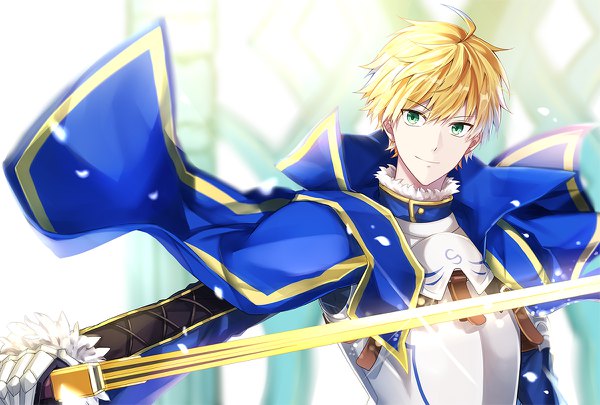 Anime picture 1200x810 with fate (series) fate/prototype arthur pendragon (fate) flywinga7 single looking at viewer fringe short hair blonde hair smile hair between eyes standing holding green eyes ahoge upper body light smile blurry boy weapon