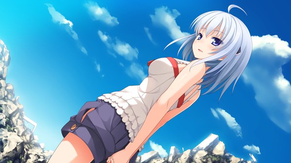 Anime picture 1920x1080 with imouto no katachi meta highres short hair blue eyes wide image game cg cloud (clouds) ahoge white hair looking back girl shorts