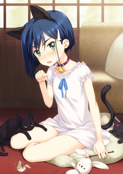 Anime picture 1254x1771 with darling in the franxx studio trigger ichigo (darling in the franxx) enoob40 single tall image blush fringe short hair open mouth hair between eyes sitting green eyes animal ears blue hair looking away tail animal tail cat ears cat girl