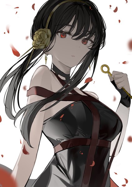 Anime picture 848x1200 with spy x family yor briar aroa (aroamoyasi) single long hair tall image looking at viewer fringe black hair hair between eyes red eyes white background upper body expressionless girl earrings petals headband