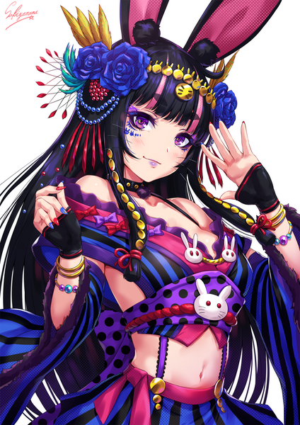 Anime picture 1200x1697 with original sakiyamama single long hair tall image looking at viewer blush fringe breasts black hair simple background smile standing white background purple eyes bare shoulders signed animal ears payot ahoge