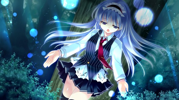 Anime picture 2048x1152 with guardian place skyfish (studio) amane neon kobayashi chisato long hair highres open mouth wide image purple eyes game cg silver hair zettai ryouiki girl thighhighs skirt black thighhighs plant (plants) miniskirt tree (trees) necktie