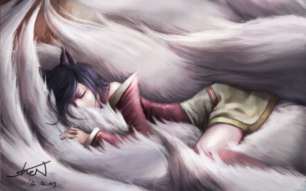 Anime picture 1920x1200 with league of legends ahri (league of legends) shen ake (cherrylich) single fringe highres short hair signed animal ears blue hair bent knee (knees) tail lying eyes closed traditional clothes animal tail fox ears fox tail fox girl