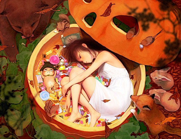 Anime picture 1142x876 with original oshou (classic1418408) single long hair brown hair bare shoulders brown eyes lying barefoot from above no shoes halloween girl hat animal food headdress sweets bird (birds) leaf (leaves)