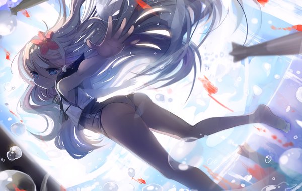 Anime picture 1400x891 with kantai collection ro-500 submarine fuyouchu single long hair looking at viewer blue eyes light erotic ass white hair barefoot hair flower bare legs outstretched arm turning head underwater girl hair ornament flower (flowers) swimsuit