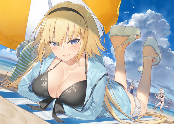 Anime picture 1136x812 with fate (series) fate/grand order jeanne d'arc (fate) (all) jeanne d'arc alter (fate) jeanne d'arc alter (swimsuit berserker) (fate) jeanne d'arc (swimsuit archer) hayashi kewi long hair looking at viewer blush fringe short hair breasts open mouth blue eyes light erotic blonde hair smile hair between eyes large breasts