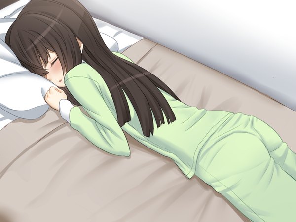 Anime picture 1600x1200 with original shino (osaru) osaru (yuuen-dou) long hair blush black hair eyes closed girl pillow pajamas