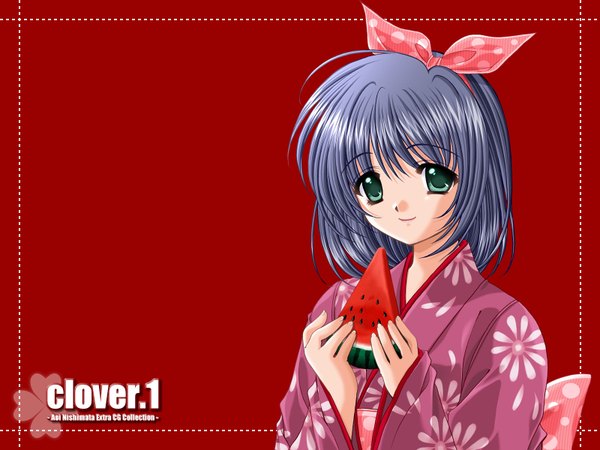 Anime picture 1600x1200 with nishimata aoi japanese clothes red background food kimono berry (berries) watermelon clover (plant)