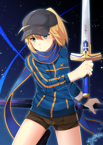 Anime picture 1000x1412 with fate (series) fate/grand order artoria pendragon (all) mysterious heroine x (fate) mugipot single tall image blush short hair breasts blonde hair smile holding looking away ahoge ponytail dated leg lift (legs lift) girl weapon