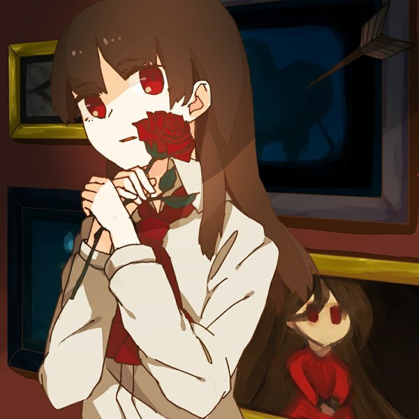 Anime picture 1000x1000 with ib (game) ib (ib) long hair open mouth red eyes brown hair girl flower (flowers) rose (roses) arrow (arrows) doll (dolls)