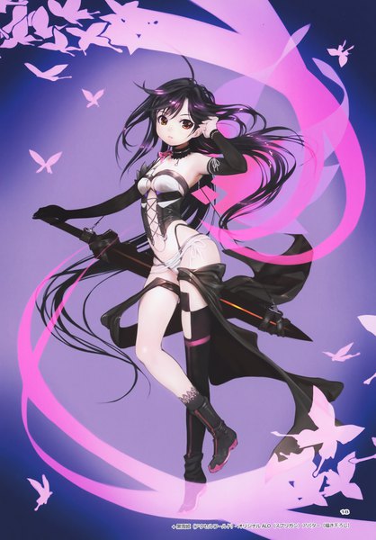 Anime picture 2114x3036 with accel world sunrise (studio) kuroyukihime mikazuki akira single tall image looking at viewer fringe highres breasts light erotic black hair simple background standing holding brown eyes cleavage full body ahoge bent knee (knees)