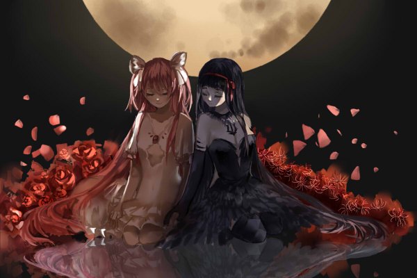 Anime picture 1200x800 with mahou shoujo madoka magica shaft (studio) akemi homura kaname madoka goddess madoka akuma homura eada (artist) breasts black hair simple background sitting twintails multiple girls payot pink hair cleavage eyes closed very long hair black background pale skin