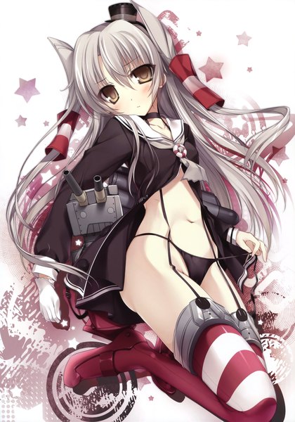 Anime picture 2661x3800 with kantai collection amatsukaze destroyer rensouhou-kun karory single long hair tall image looking at viewer blush fringe highres light erotic brown eyes grey hair open clothes two side up girl thighhighs gloves navel