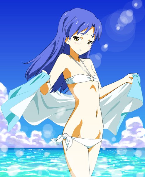 Anime picture 906x1100 with idolmaster kisaragi chihaya ginmaru single long hair tall image breasts light erotic yellow eyes blue hair sky cloud (clouds) embarrassed lens flare groin flat chest horizon summer girl swimsuit