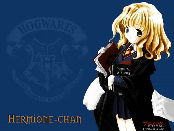 Anime picture 1024x768 with harry potter hermione granger short hair brown hair brown eyes wallpaper uniform school uniform book (books)