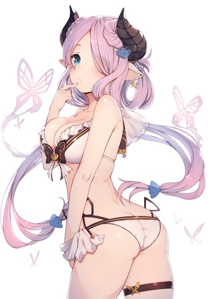 Anime picture 2480x3508 with granblue fantasy narmaya (granblue fantasy) narmaya (summer) (granblue fantasy) gin00 single long hair tall image looking at viewer blush fringe highres breasts blue eyes light erotic simple background large breasts white background cleavage purple hair ass