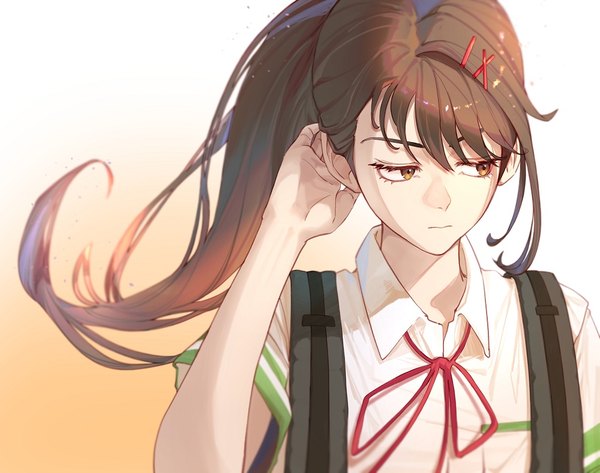 Anime picture 1000x789 with suzume no tojimari iwato suzume pengpeng dohyung single long hair simple background brown hair brown eyes looking away upper body ponytail gradient background girl uniform hair ornament school uniform bobby pin x hair ornament