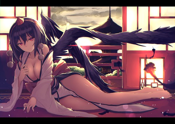 Anime picture 3541x2508 with touhou shameimaru aya iwashi (nisankatanso) single looking at viewer fringe highres breasts light erotic black hair smile hair between eyes red eyes large breasts absurdres cleavage full body barefoot wide sleeves legs
