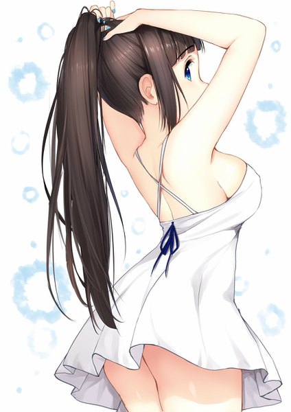 Anime-Bild 900x1272 mit original caidychen single long hair tall image looking at viewer breasts blue eyes light erotic simple background brown hair large breasts ponytail nail polish looking back from behind sideboob adjusting hair covered nipples blue nail polish