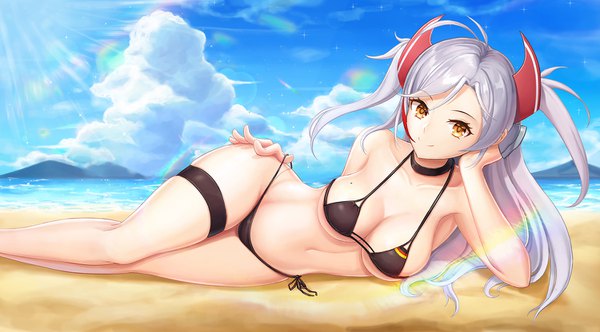 Anime-Bild 1500x832 mit azur lane prinz eugen (azur lane) prinz eugen (unfading smile) (azur lane) 4coke single long hair looking at viewer fringe breasts light erotic smile hair between eyes wide image large breasts yellow eyes payot sky cleavage silver hair cloud (clouds)