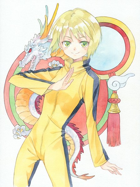 Anime picture 650x872 with tiger & bunny sunrise (studio) pao-lin huang agahari single tall image looking at viewer blush short hair blonde hair smile fantasy fighting stance traditional media watercolor (medium) girl dragon