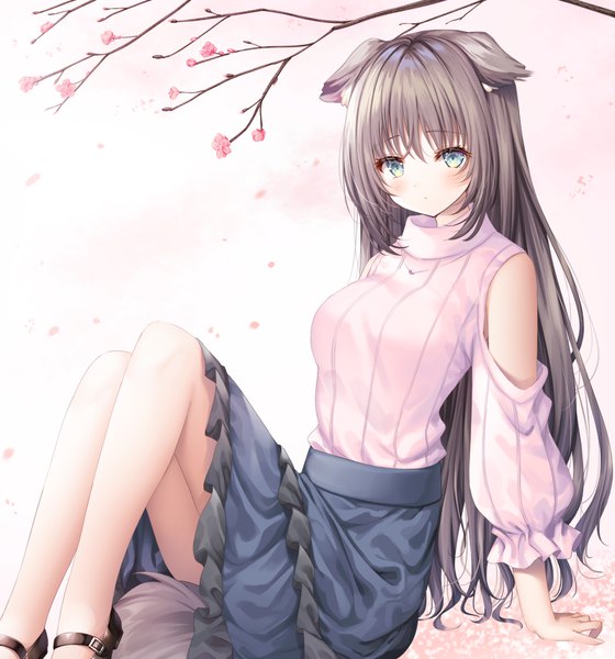 Anime picture 901x966 with original murano single long hair tall image blush black hair sitting bare shoulders animal ears tail animal tail aqua eyes arm support plum blossoms girl skirt flower (flowers) petals pendant