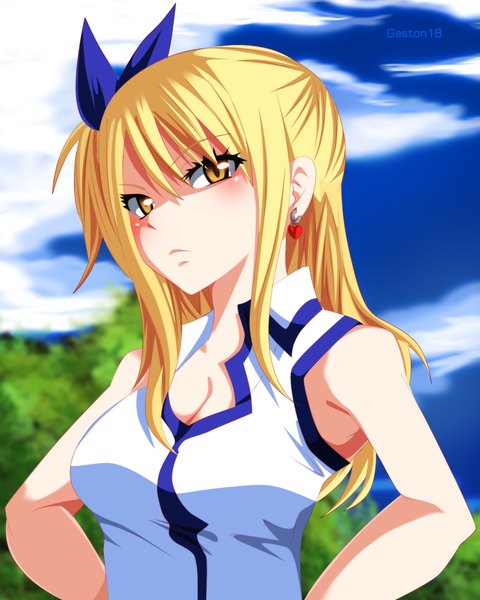 Anime picture 1600x2000 with fairy tail lucy heartfilia tongasart single long hair tall image blush blonde hair yellow eyes sky cloud (clouds) ponytail coloring side ponytail girl bow plant (plants) hair bow earrings tree (trees)