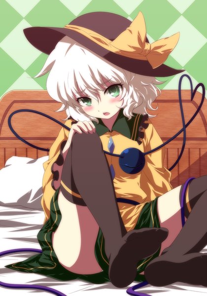 Anime-Bild 1000x1428 mit touhou komeiji koishi isa single tall image looking at viewer blush short hair open mouth light erotic green eyes white hair pantyshot sitting girl thighhighs dress black thighhighs hat