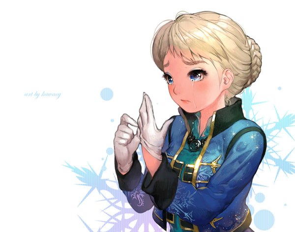 Anime picture 1000x787 with frozen (disney) disney elsa (frozen) kawacy single fringe blue eyes blonde hair braid (braids) lips tears crying silhouette adjusting clothes snowflake print adjusting gloves girl gloves white gloves snowflake (snowflakes)