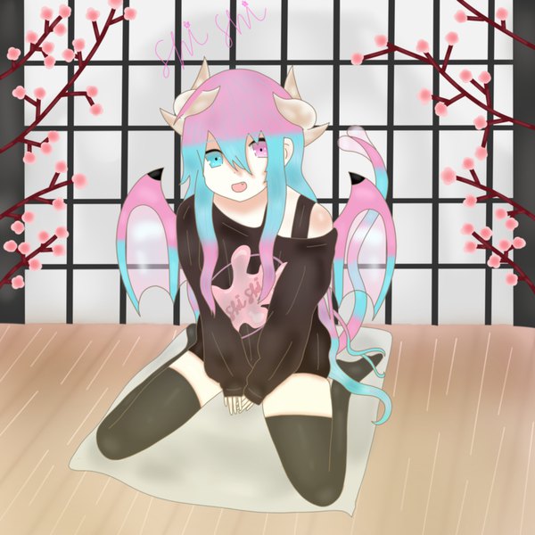 Anime picture 1500x1500 with original shishi gum single long hair looking at viewer fringe open mouth hair between eyes sitting signed pink hair full body tail long sleeves pink eyes multicolored hair horn (horns) aqua eyes off shoulder aqua hair