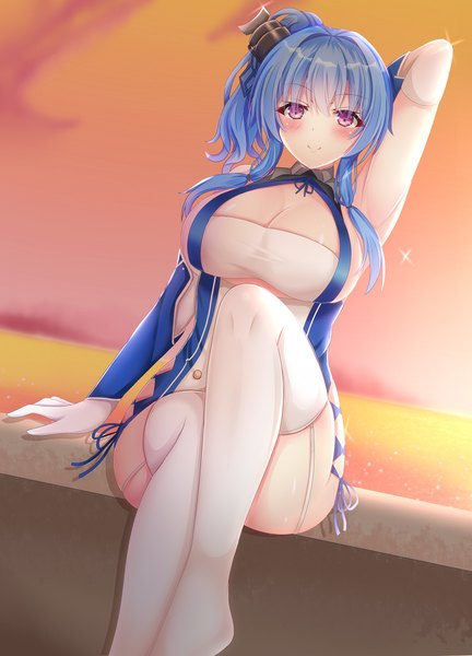 Anime picture 864x1200 with azur lane st. louis (azur lane) nao (naobinarydigit) single long hair tall image blush fringe breasts light erotic smile hair between eyes large breasts sitting purple eyes blue hair cleavage outdoors dutch angle side ponytail