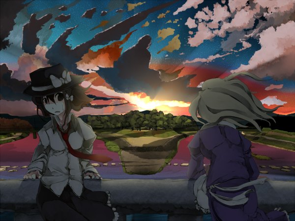 Anime picture 1200x900 with touhou usami renko maribel hearn tokoroten (hmmuk) short hair blonde hair brown hair multiple girls sky cloud (clouds) from behind black eyes evening sunset landscape scenic girl 2 girls hat