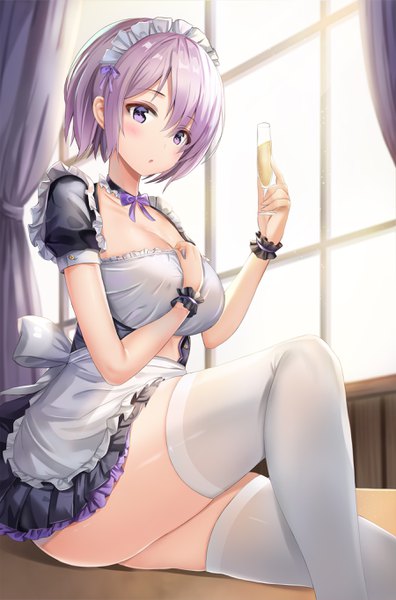 Anime picture 1800x2729 with fate (series) fate/grand order mash kyrielight kitin single tall image looking at viewer blush fringe highres short hair breasts open mouth light erotic hair between eyes large breasts sitting purple eyes holding payot