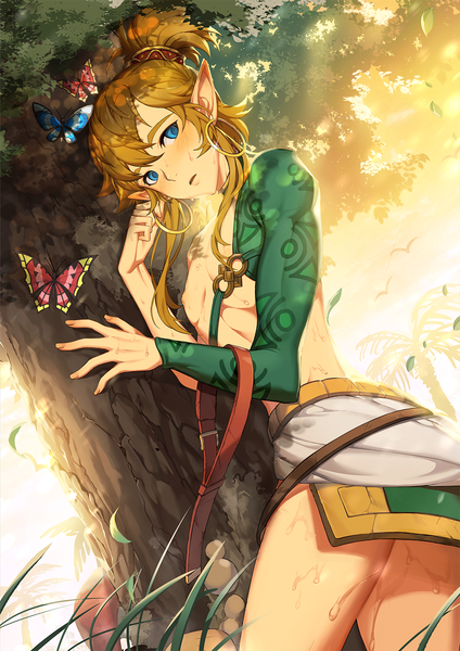 Anime picture 1000x1414 with the legend of zelda the legend of zelda: breath of the wild nintendo link muse (rainforest) single tall image looking at viewer blush fringe short hair open mouth blue eyes light erotic blonde hair hair between eyes standing payot sky nipples